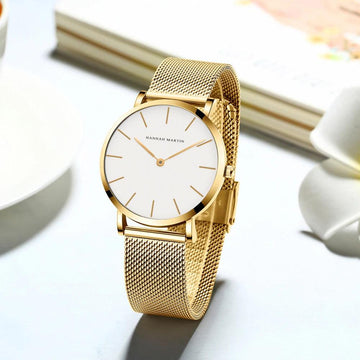 New Simple Elegant Rose Gold Tone Stainless Steel Women Bracelet Watch - Quartz Movement Steel Mesh Watches